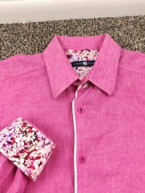 Stone Rose Shirt Linen Floral Flip Cuff L/S Button Up Pink Mens 3 (Medium)